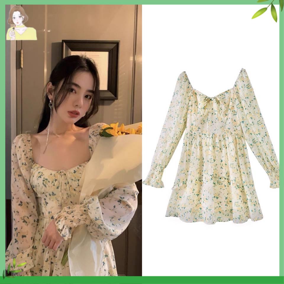 🎀váy babydoll Đầm Chiffon Cổ Vuông Tay Dài In Họa Tiết Hoa Nhí Xinh Xắn Thời Trang Kiểu Pháp Cho Nữ 2021