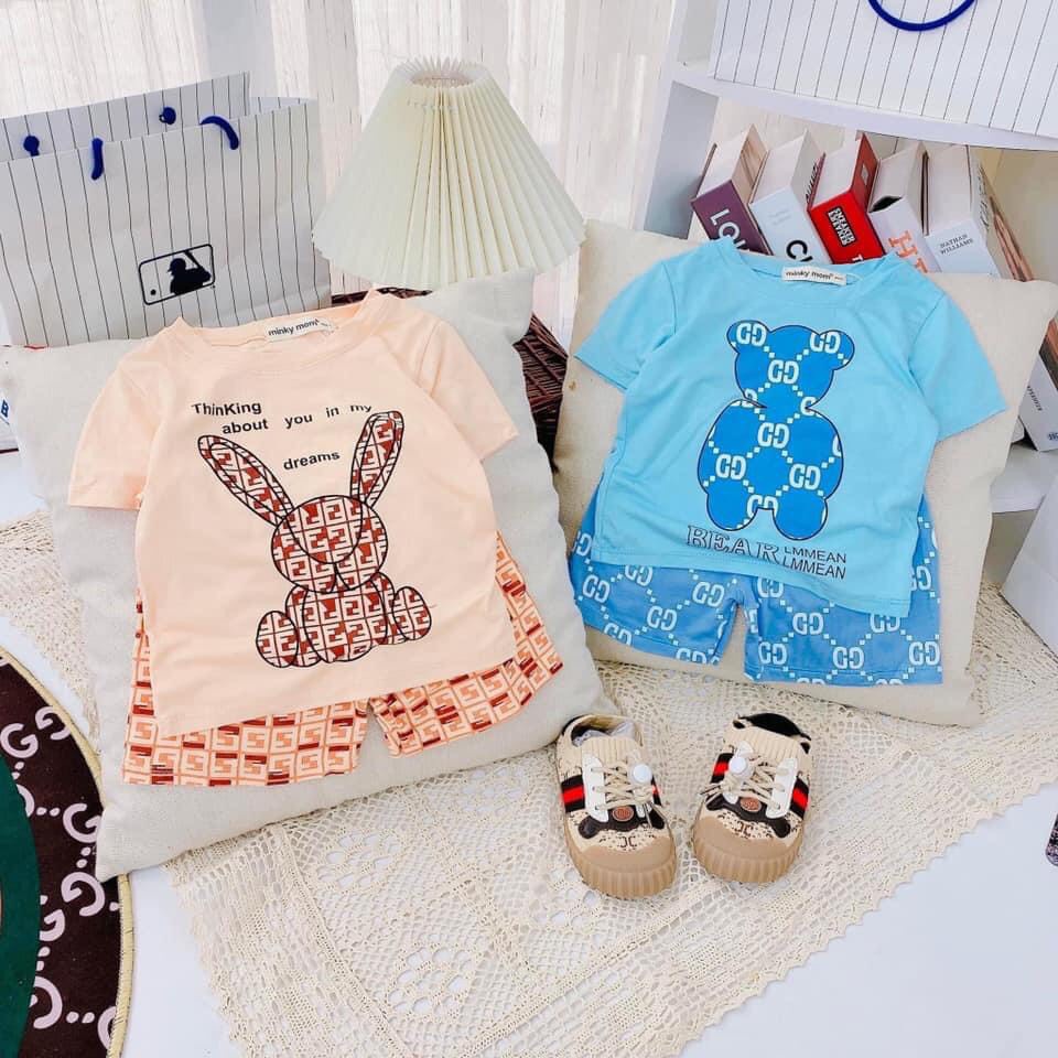 Bộ cộc ngắn Minky thun lạnh phối hình gấu thỏ lạ mắt size 80-120 cho bé
