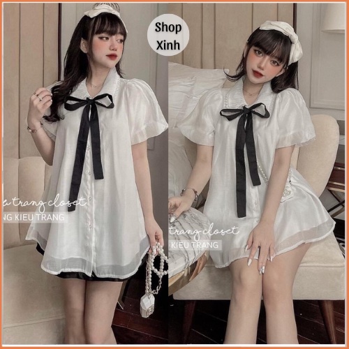 Áo babydoll voan cổ bèo viền ren thắt nơ dáng xòe, Áo váy babydoll voan giấu quần tay bồng shopxinh888888