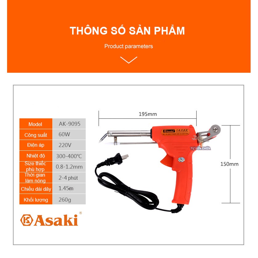 Mỏ hàn nhiệt điện tử tự động đẩy thiếc chính hãng Asaki AK-9095 60W loại xịn -  Tặng thiếc &amp; nhựa thông