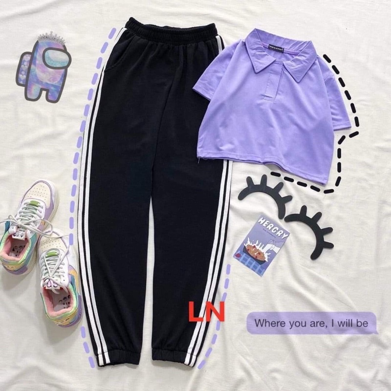 Sét áo polo croptop+quần sọc bo gấu