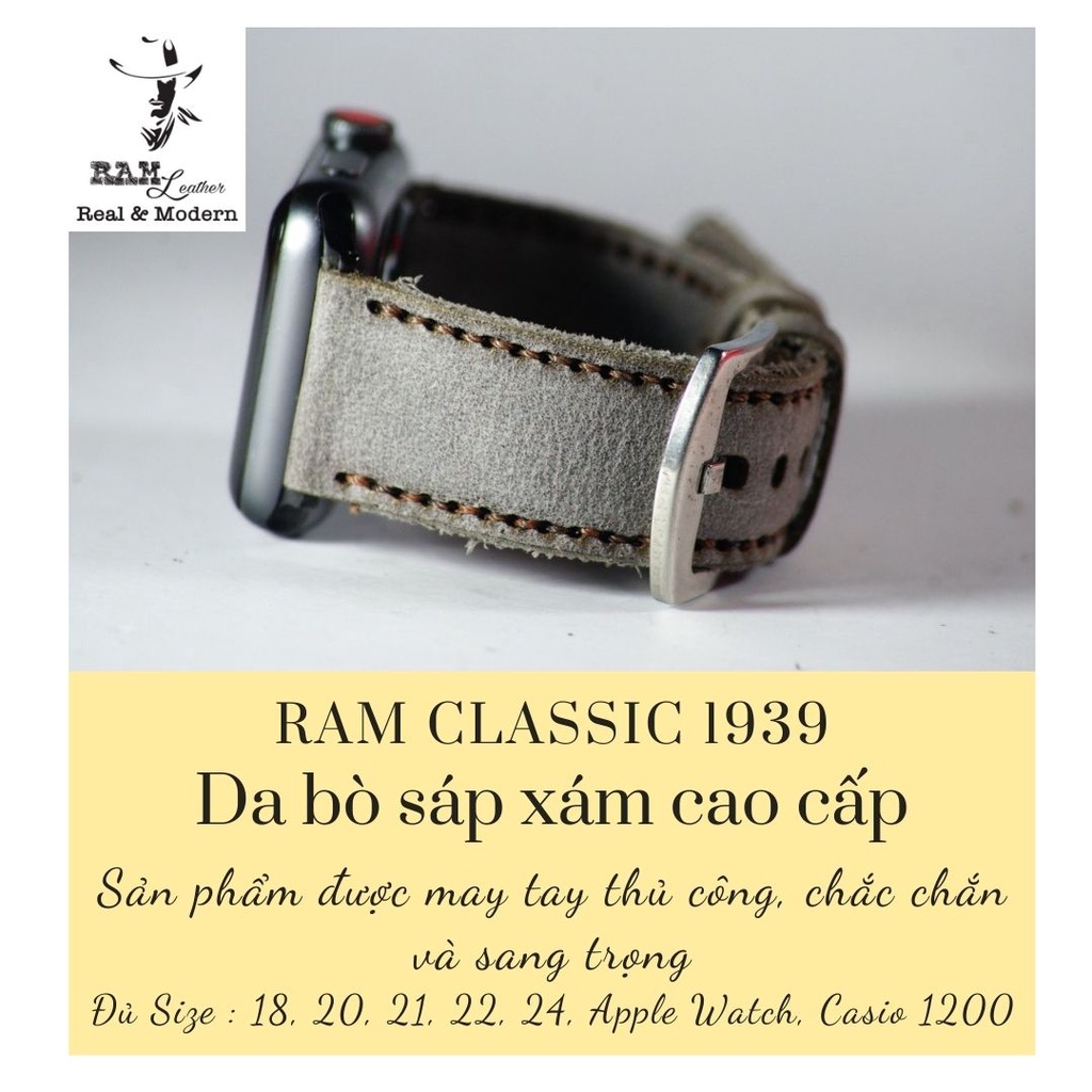 Dây đồng hồ da bò xám sang trọng RAM Leather 1939 handmade bền chắc cực đẹp - tặng khóa chốt và cây thay dây