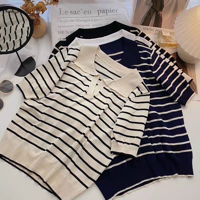 Áo kiểu nữ tay ngắn cổ chữ V kẻ sọc thời trang, áo len kẻ polo basic chất mongtoghi free size cá tính hàng Quảng Châu