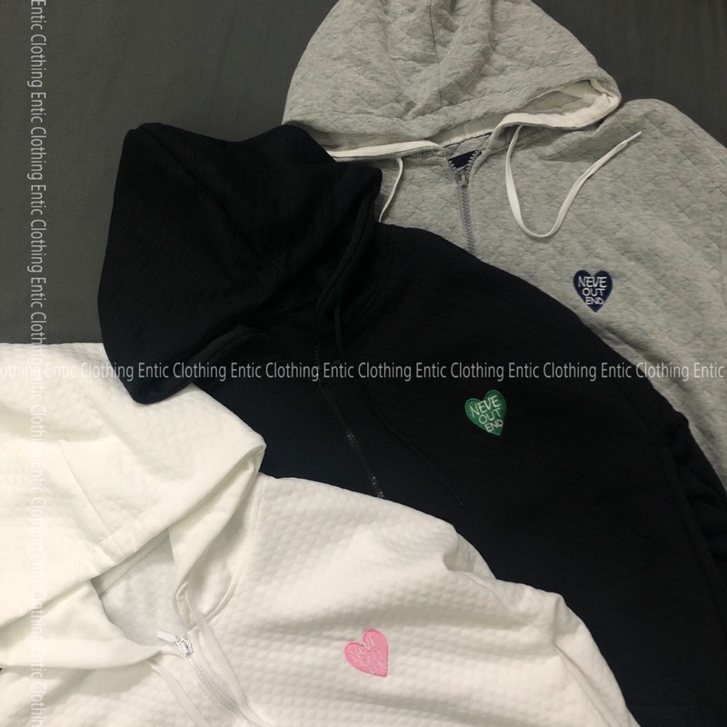 [100% Ảnh thật] Áo khoác hoodie khoá kéo thêu hình tim, ô đan vuông phong cách popcorn Hàn Quốc