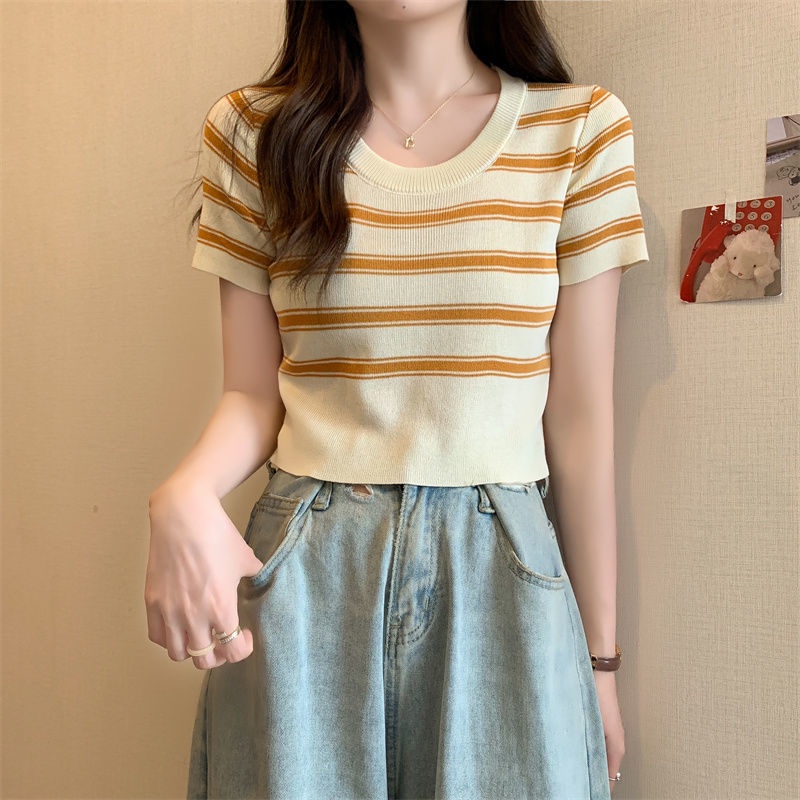 Áo Dệt Kim Cổ Tròn Kẻ Sọc Thời Trang Mùa Hè Hàn Quốc Cho Nữ