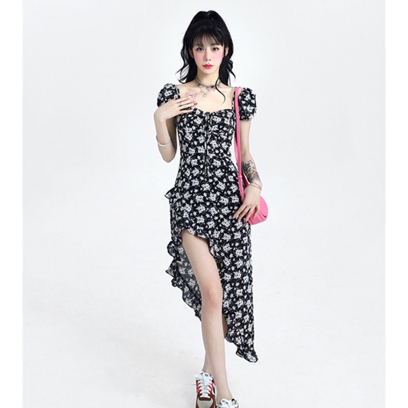 Đầm midi Tay Ngắn Hoạ Tiết Hoa Thiết Kế Xẻ Hợp Thời Trang