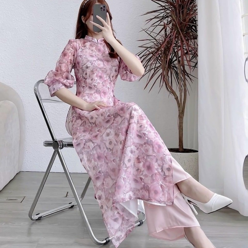 Set Áo Dài Voan Tơ Hoa 4 Tà Tay Phồng Lỡ Cách Tân