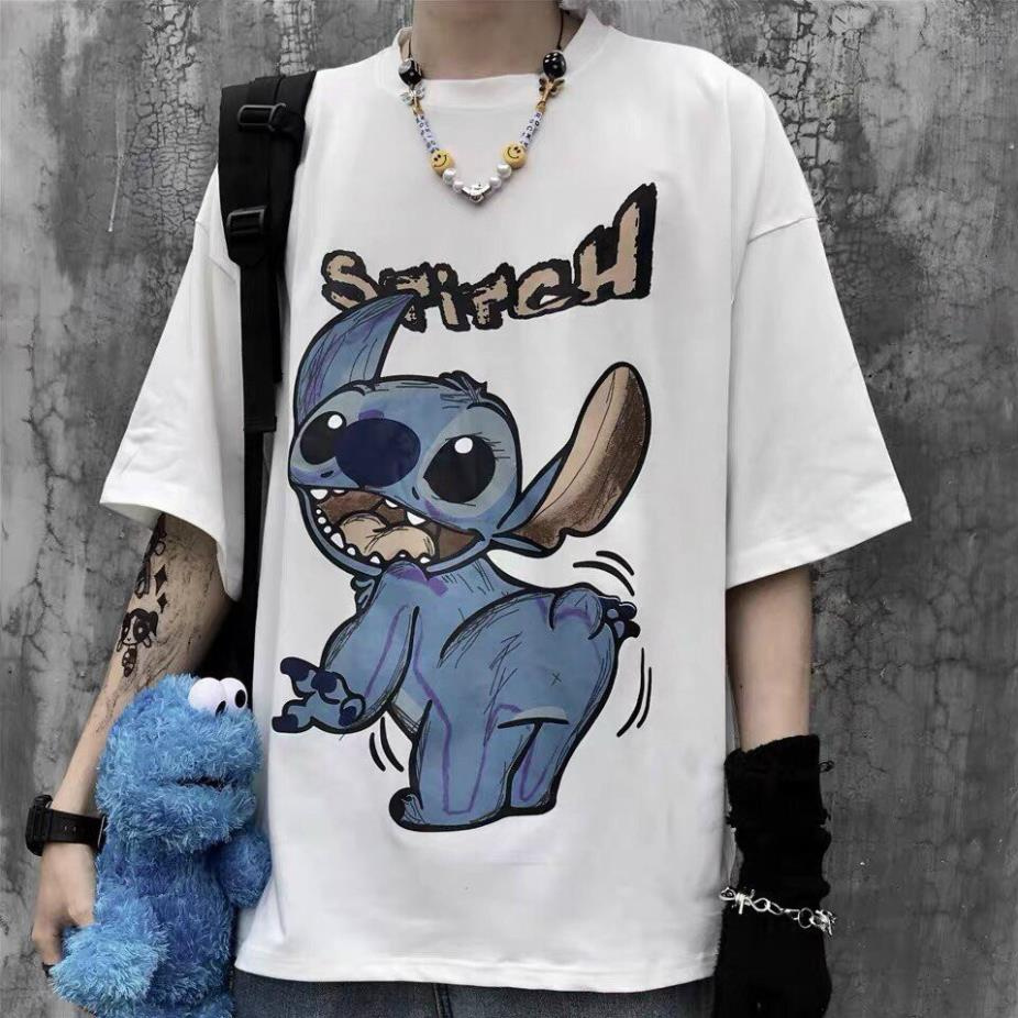 Áo thun cổ tròn form rộng tay lỡ in Stitch Unisex nam nữ đều mặc được