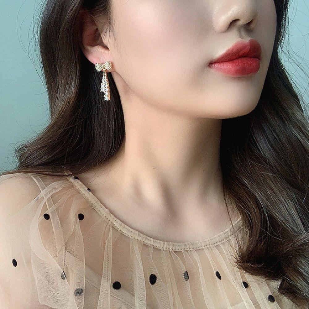 Bông Tai Dáng Dài Đính Nơ Họa Tiết Hình Học Đơn Giản Dễ Thương Cho Nữ|Trang Sức Thời Trang