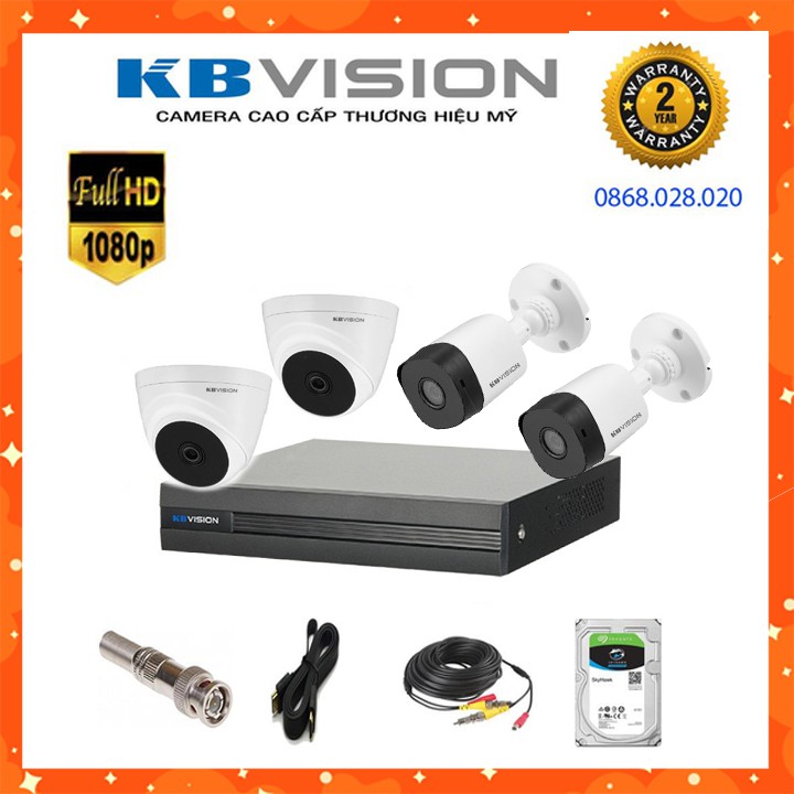 {Giá Sốc} Combo 4 mắt camera KBVISION Full HD 1080P + ổ cứng 500g và 80m dây liền nguồn bấm sẵn 2 đầu