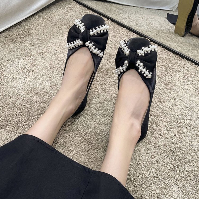 Giày búp bê IELGY đế phẳng đính nơ và ngọc trai dễ phối đồ thời trang dành cho nữ