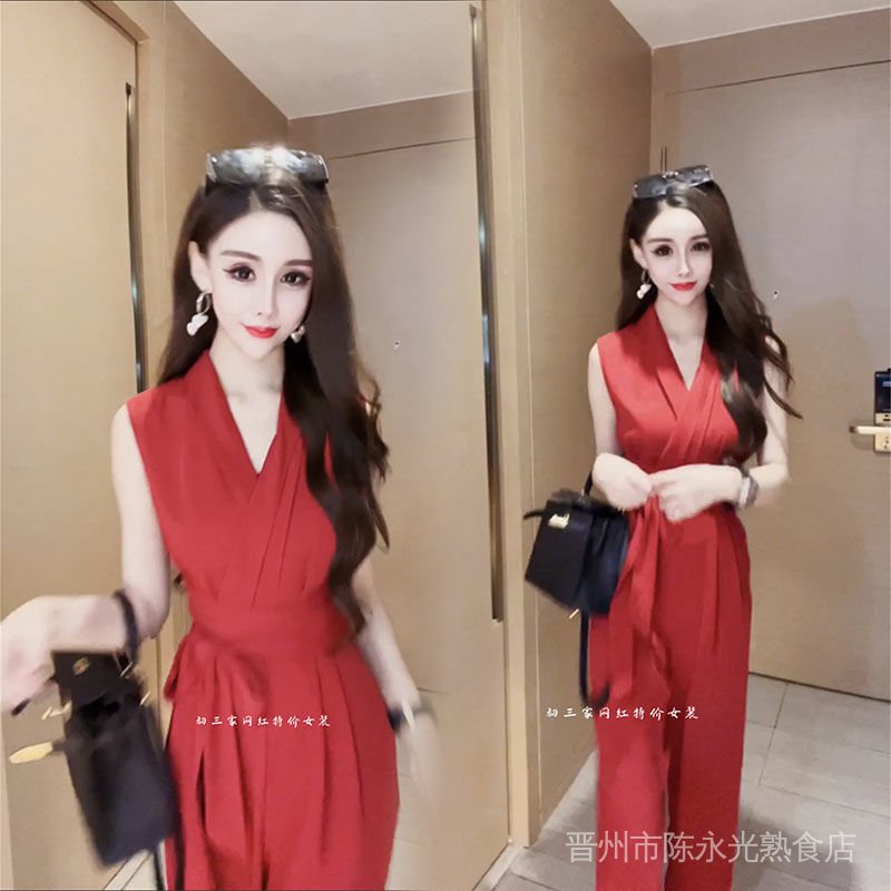 Jumpsuit Sát Nách Cổ Chữ V Lưng Cao Ống Rộng Phong Cách Châu Âu Thời Trang Mùa Hè Hàng Mới 2022