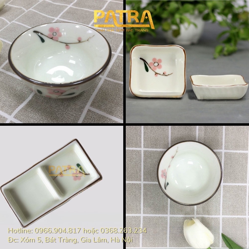 Bát đĩa đựng gia vị, bát gia vị sứ, bát mắm Bát Tràng cao cấp vẽ đào hồng