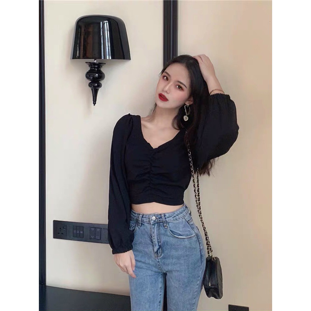 Áo kiểu nữ tay dài croptop nhúng ngực gb