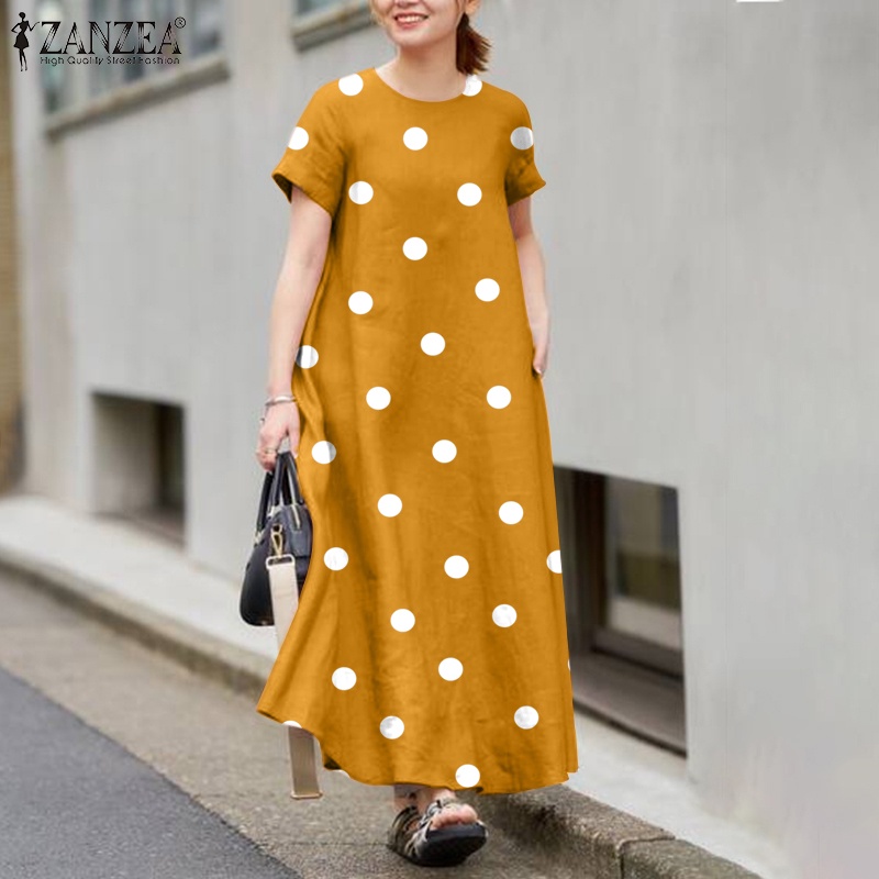 ZANZEA Đầm Ngắn Tay Cổ Tròn Họa Tiết Chấm Bi Thời Trang Dành Cho Nữ