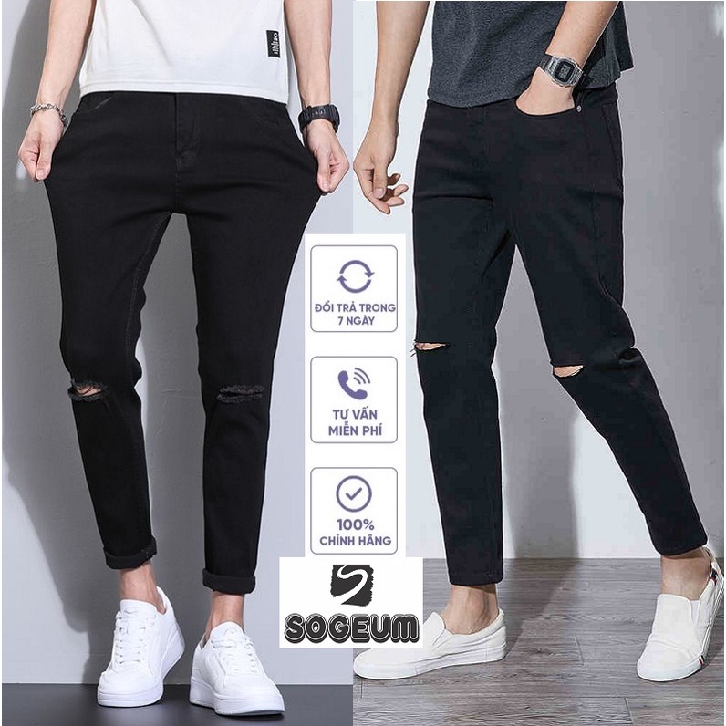 Quần jean nam rách gối dáng skinny, quần bò co giãn màu xanh đen - Sogeum.store