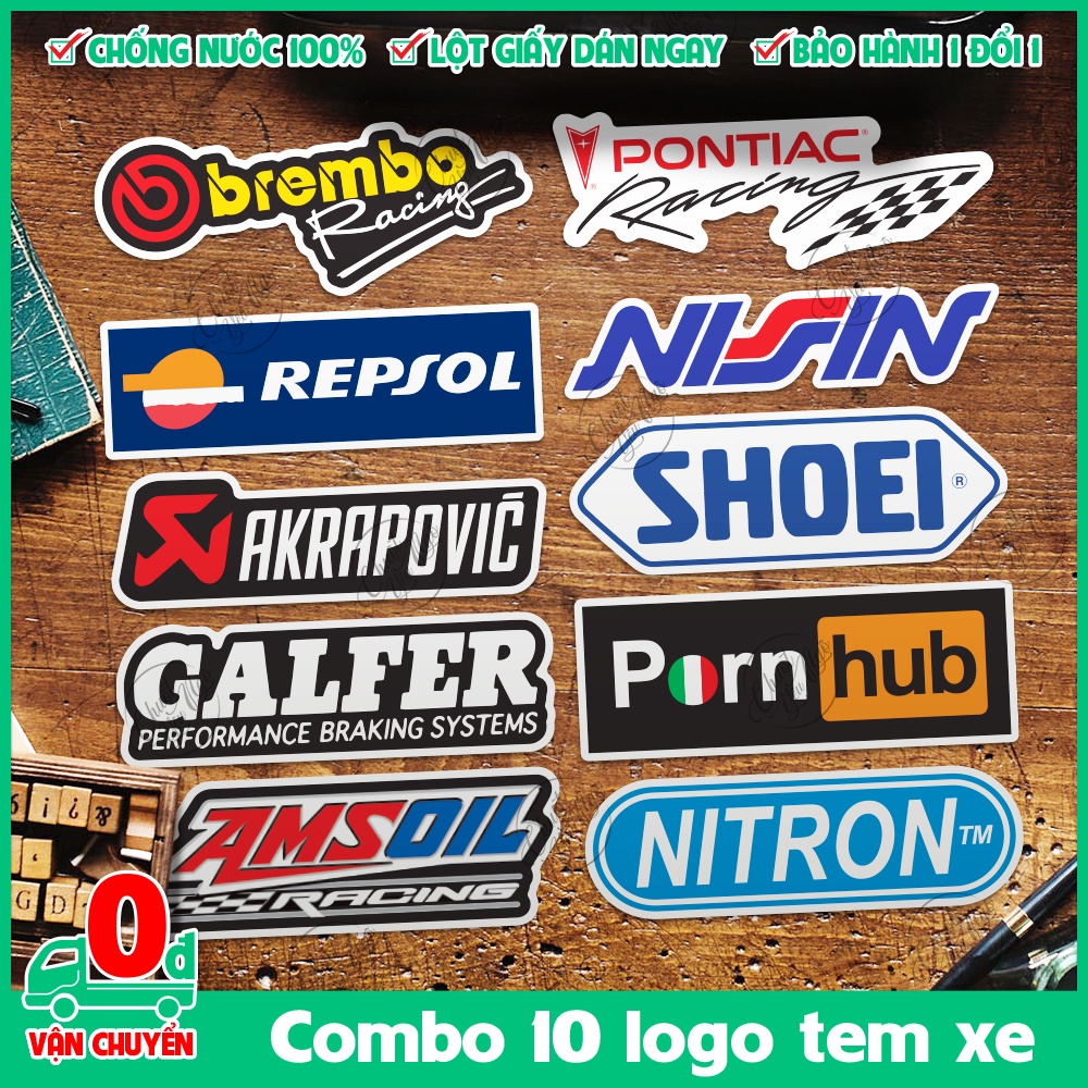 Combo 10 logo tem xe decal sticker trang trí xe máy nón bảo hiểm akrapovic shoei galfer brembo repsol nitron amsoil