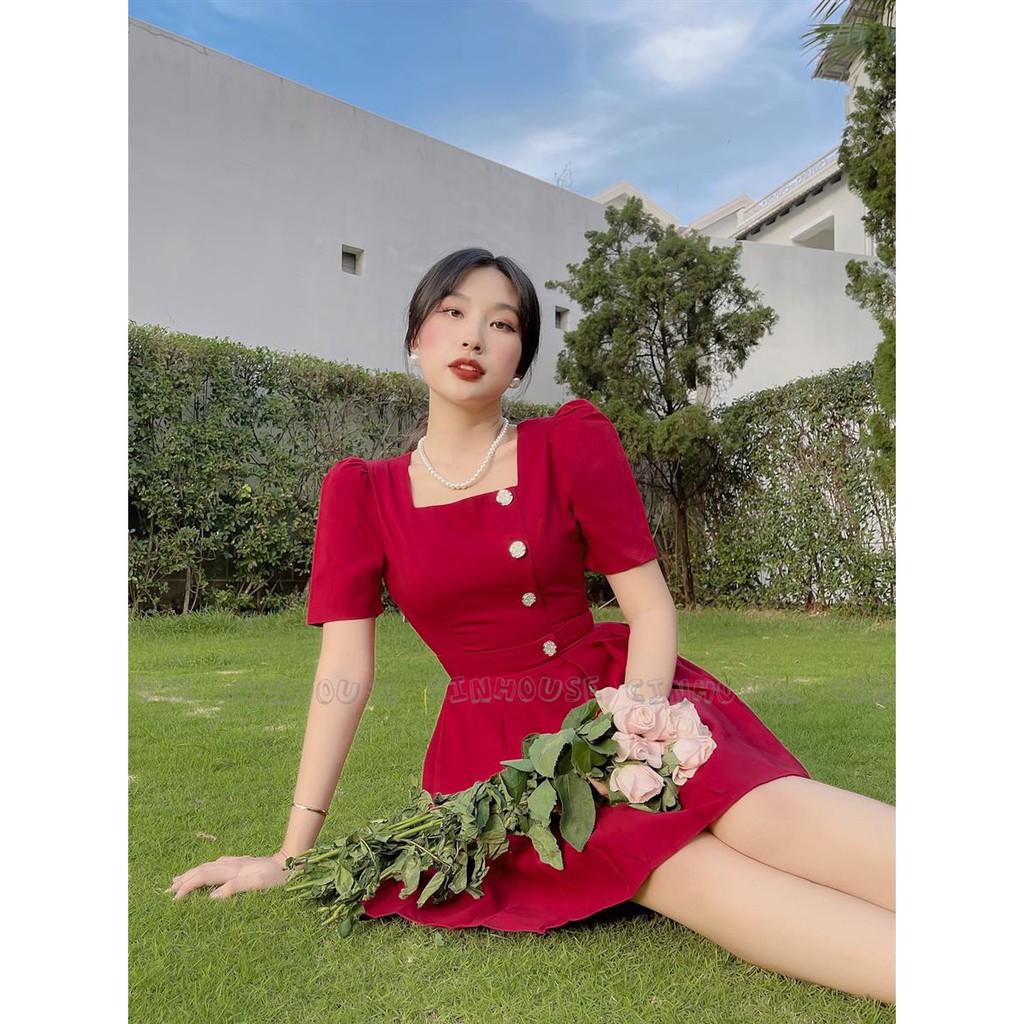 Đầm xòe dập ly Julie 0088 cổ vuông đính nút CIN HOUSE
