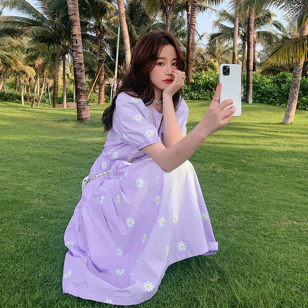 Đầm Suông Tay Phồng Họa Tiết Hoa Cúc Trẻ Trung Thanh Lịch Dành Cho Nữ đầm bầu váy nữ váy bé gái váy dài chân váy dài váy nữ chân váy dài