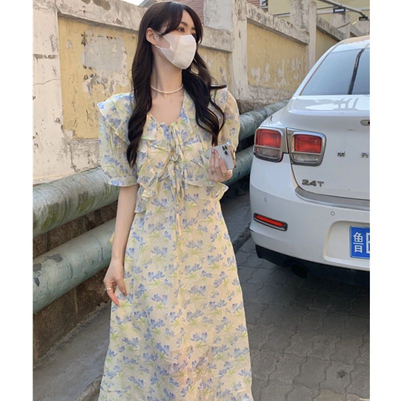 Đầm Công Chúa Mùa Hè Tay Phồng Cổ Búp Bê Họa Tiết Hoa Phong Cách Hàn Quốc