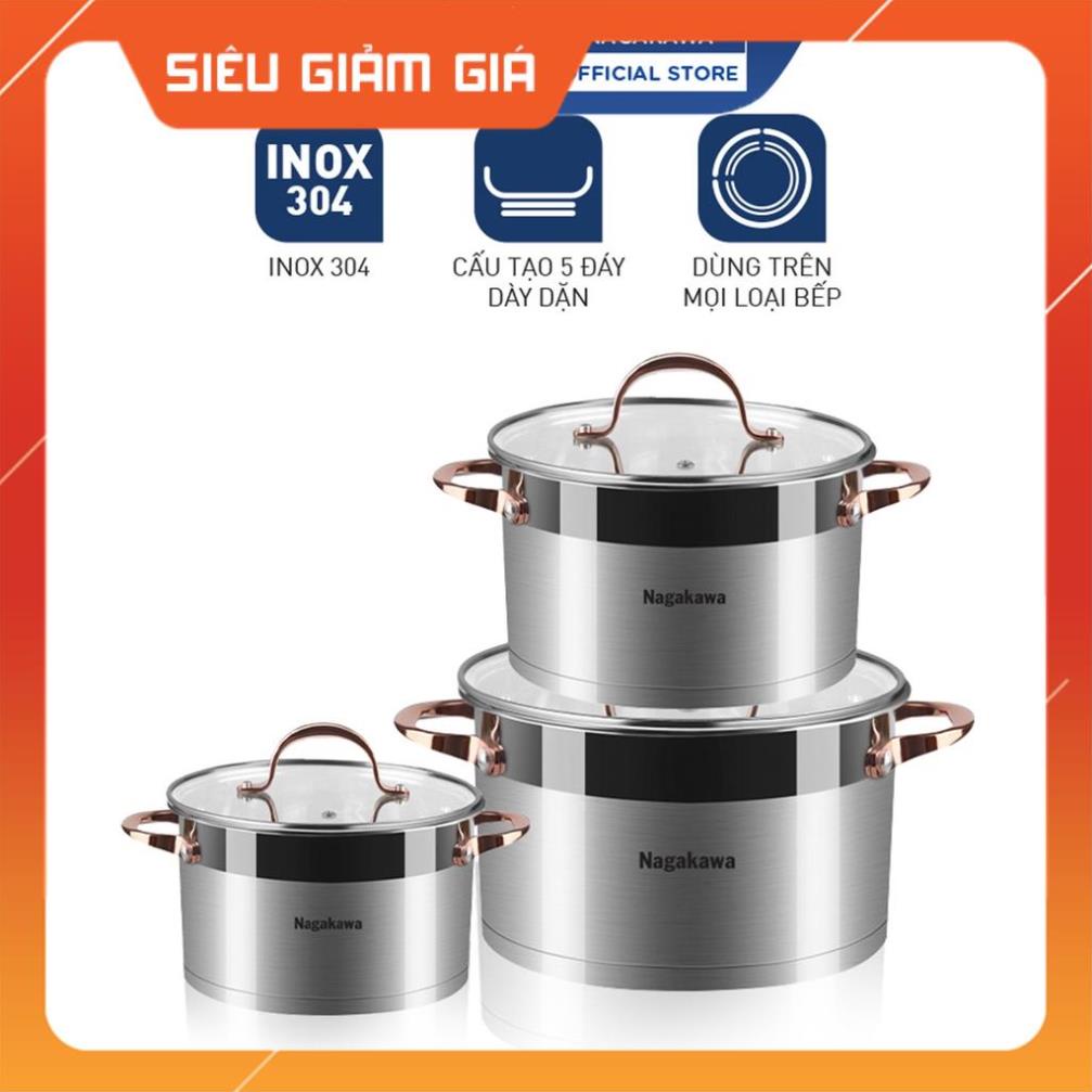 Hàng chính hãng Bộ 3 nồi inox cao cấp 5 đáy Nagakawa NAG1352  dùng cho mọi loại bếp - Hàng Chính Hãng