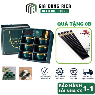 Bộ 6 bát ăn cơm, chén ăn cơm sứ viền vàng tặng kèm 6 đôi đũa happy life - bát trang trí quà tặng biếu cực sang