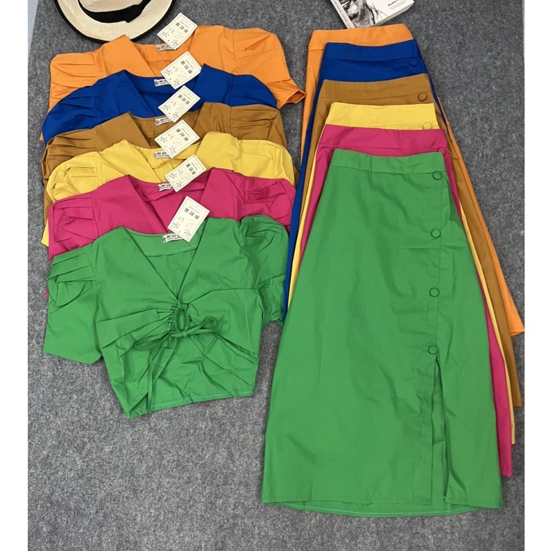 SET ÁO CROPTOP RÚT DÂY PHỐI CHÂN VÁY CHỮ A NÚT BỌC DÀI QUA GỐI HÀNG QC (CÓ ẢNH THẬT)