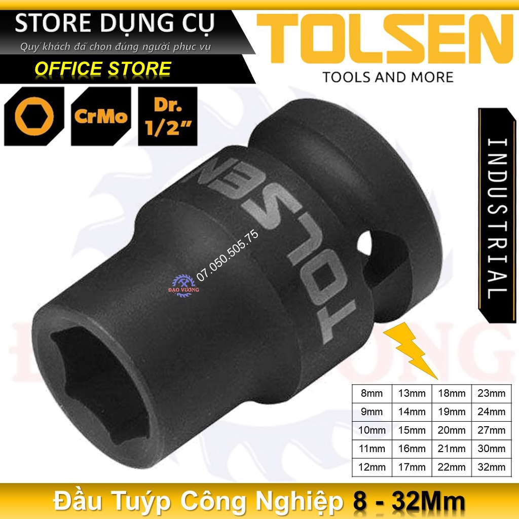 Đầu Tuýp Đen 1/2 Ngắn (Công Nghiệp) Tolsen (Chọn Size: 8-32mm) 18208, Đầu Khẩu Ngắn Công Nghiệp Tolsen