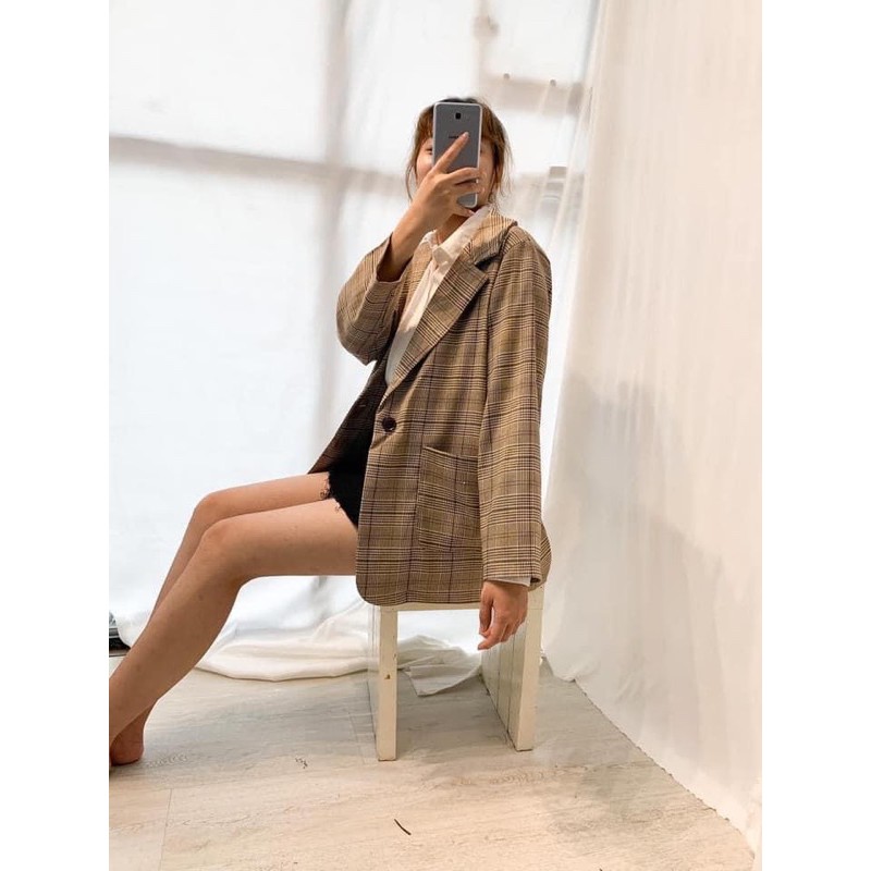 [Ảnh thật/Video]Áo blazer Ulzzang kẻ nâu 4 cúc loại 1 lớp