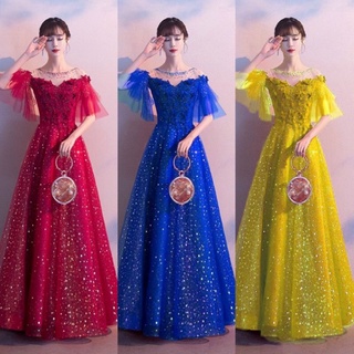 Đầm váy dạ hội phối lưới kết pha lê bẹt vai lưới kim tuyến ngôi sao lấp lánh