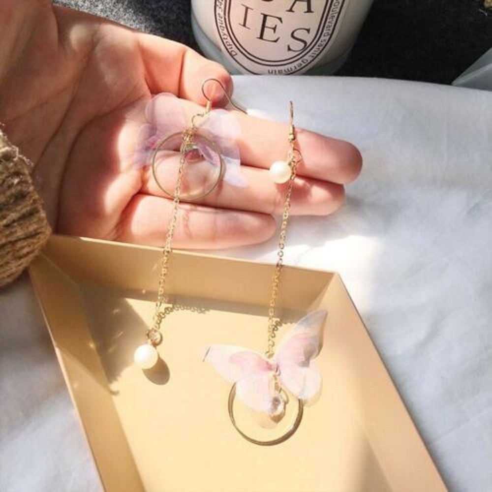 Bông Tai Dáng Dài Hình Cánh Bướm Không Đối Xứng Bằng Hợp Kim Thời Trang Cho Nữ