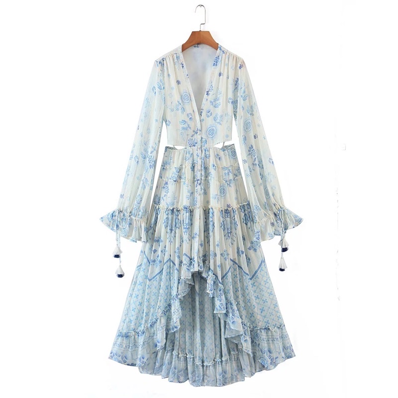 đầm maxi tầng xoè đuôi cá cut out eo tqxk