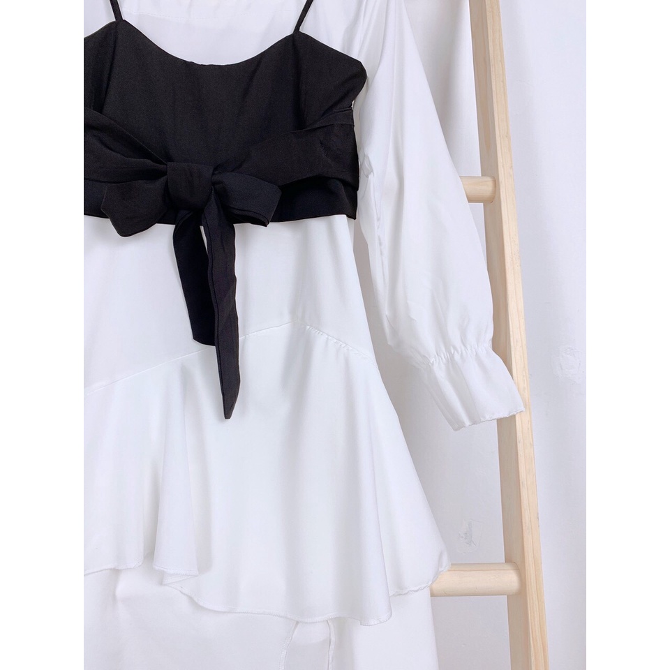 [C259] Set váy tầng trắng mix áo yếm hai dây ullzang - Set váy ullzang 2 lớp voan thô mát mix áo yếm đen bắt trend