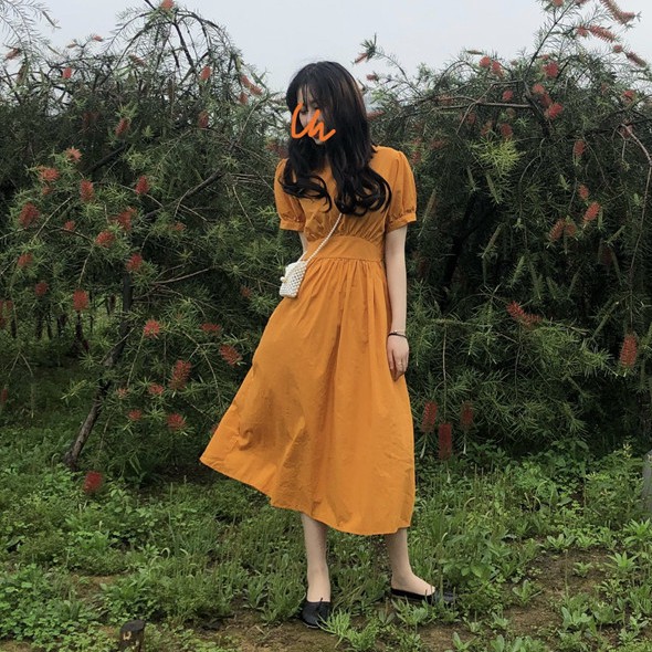 [CÓ SẴN-Có Ảnh Thật] Đầm cam vintage cổ tròn ngắn tay dây rút eo tiểu thư Hàn Quốc