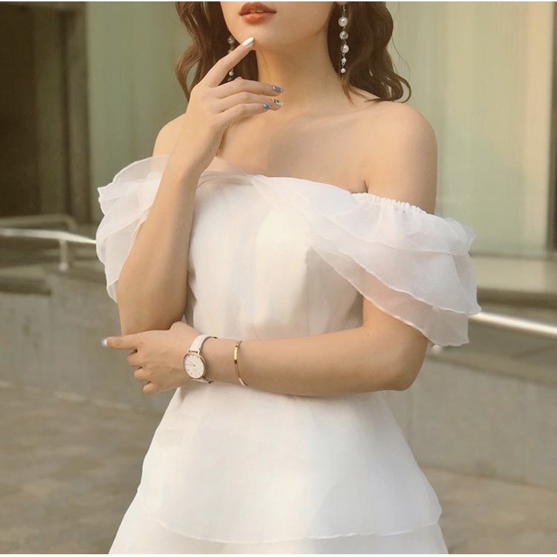 Đầm dự tiệc dạ hội lotus dress  thiết kế trễ vai váy kính 4 tầng caocaobycaochen 2 màu đen trắng có bigsize