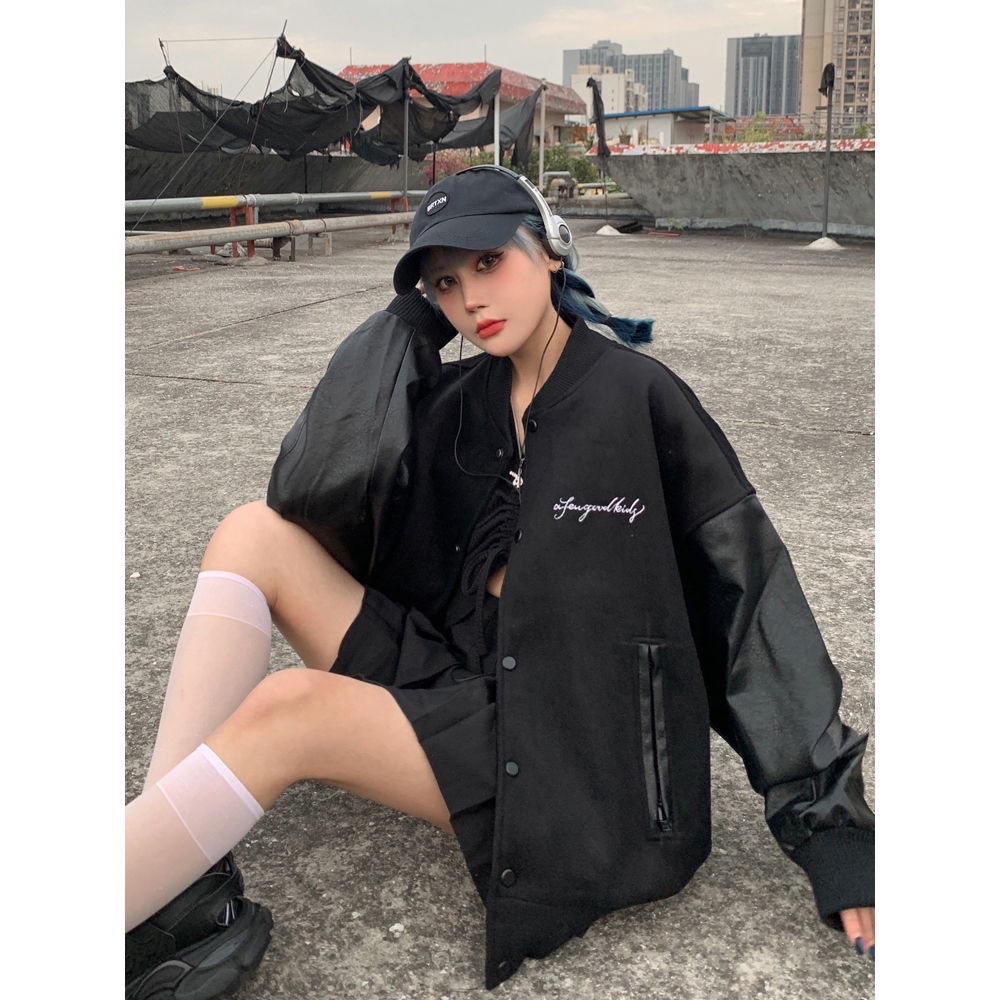 Áo Khoác Da Dáng Rộng Phối Màu Tương Phản Kiểu Hip-Hop Cá Tính Cho Nam