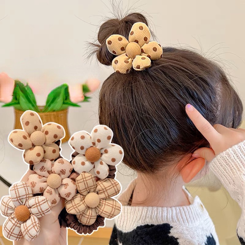 Bộ Dây Buộc Tóc Vải Bông Họa Tiết Hoa Dễ Thương Dành Cho Bé Gái