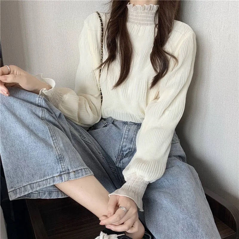 Áo sơ mi cổ cao lưới ren tay dài dáng rộng phong cách thu đông thời trang cho nữ