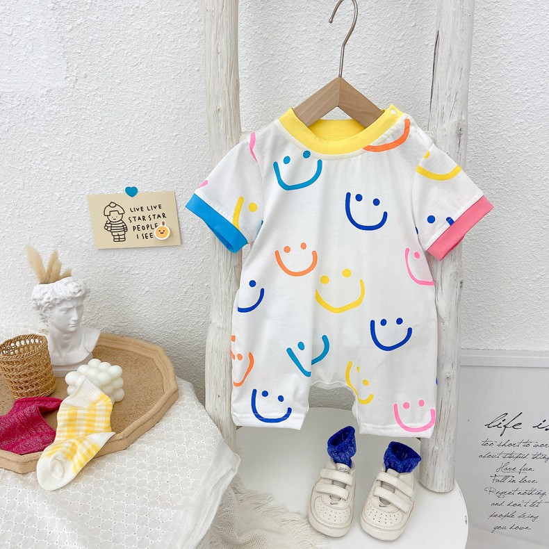 Bộ Áo Liền Quần Vải Cotton Màu Sắc Mặt Cười Phong Cách Hàn Quốc Cho Bé