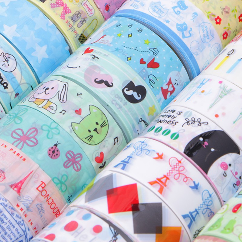 Set 10 cuộn băng dán dài 4m trang trí đồ thủ công họa tiết hoạt hình xinh xắn
