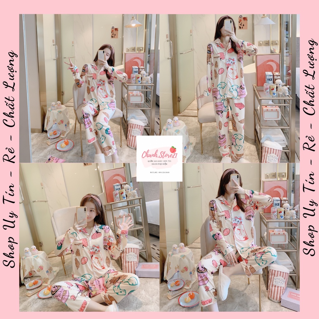 Đồ Ngủ Nữ Bộ Mặc Nhà Pijama Họa Tiết Dâu Tây Dài Tay Chất Liệu Lụa Sữa Mềm Min Đủ Size M L XL XXL
