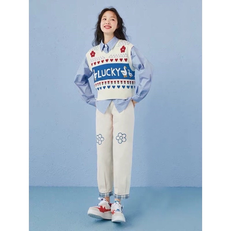 Quần Kaki Ống rộng dáng suông Thêu Hoa Lucky Ulzzang
