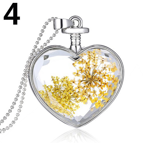 Dây chuyền có mặt hình trái tim thủy tinh và hoa khô thời trang