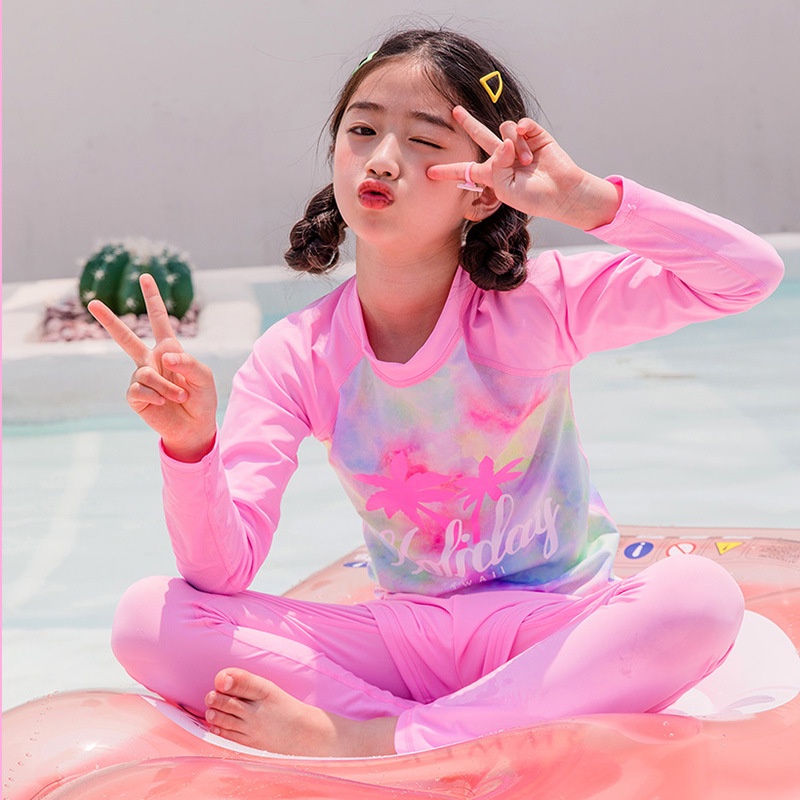 Bộ Đồ Bơi 2 Mảnh Tay Dài In Họa Tiết Xinh Xắn Thời Trang Đi Biển Cho Bé Gái