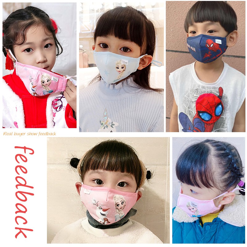 Khẩu trang bé trai, bé gái Disney Spider Man/Elsa，Khẩu trang vải Elsa 3 lớp, dây rút điều chỉnh độ rộng