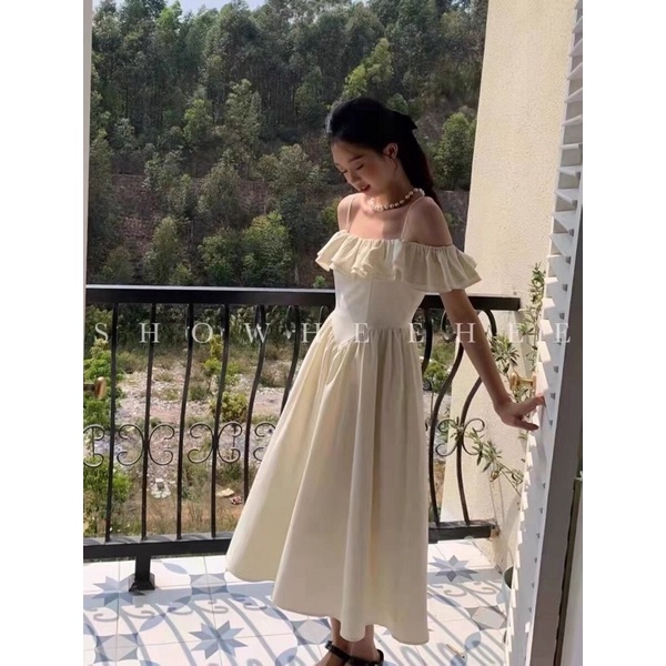 (Có BigSize) Đầm Váy Midi 2 Dây Trễ Vai Bèo