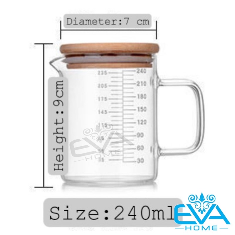 Ly Thuỷ Tinh Chịu Nhiệt Quai Cầm Miệng Rót Có Vạch Chia Đo Lường Dung Tích 240 Ml Kèm Nắp Gỗ Tre SP4976