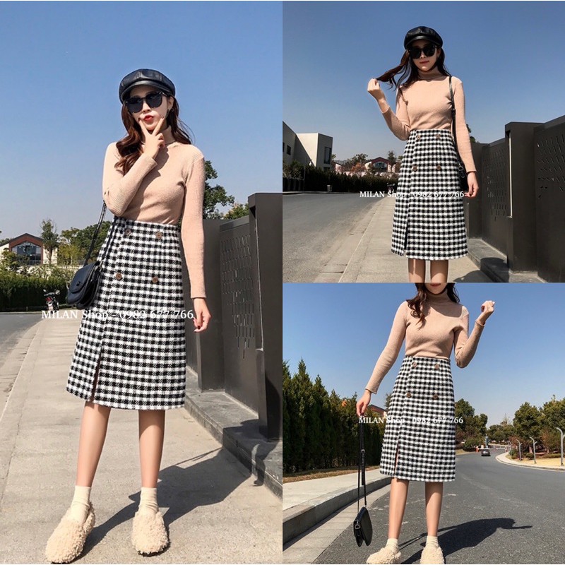 Chân váy dạ dài qua gối kẻ caro 4 khuy thời trang | BigBuy360 - bigbuy360.vn