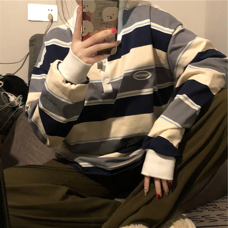 SUXI Áo thun cổ polo họa tiết kẻ sọc dáng rộng phong cách Hàn Quốc năng động cho nữ