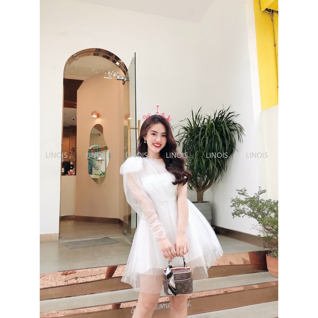 Đầm Dáng Xòe, Dài Tay, Lệch Vai - Vải Lưới Loang ( Có Lót Cúp ), Màu Trắng, Nude - ẢNH THẬT